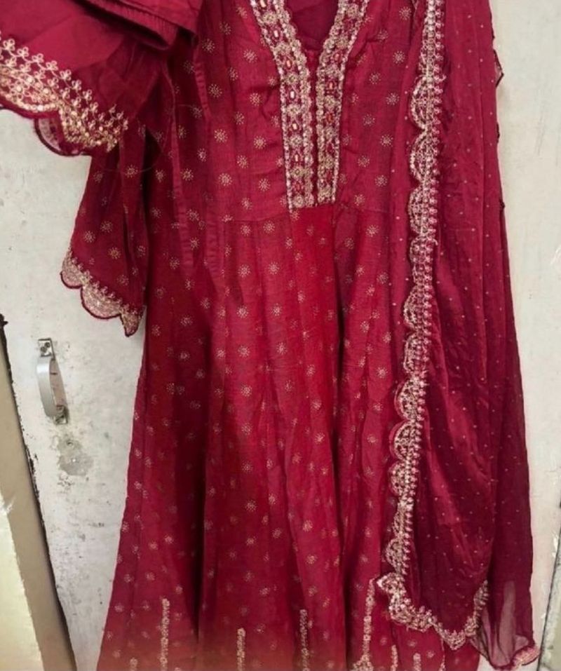 Red Anarkali Suit Set With Pant Dupatta