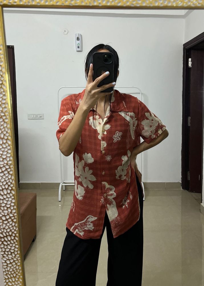 Floral Rust Orange Casual Chiffon Shirt