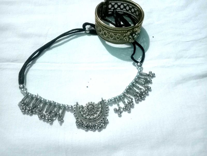 Oxidized Silver Necklace with bangle