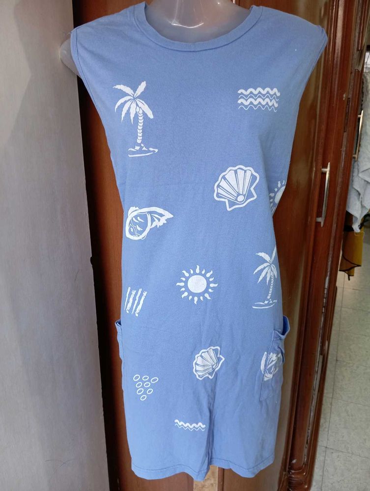 Blue Beach Print Dress