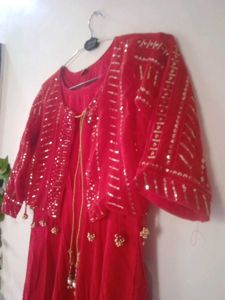 Red Anarkali with shrug