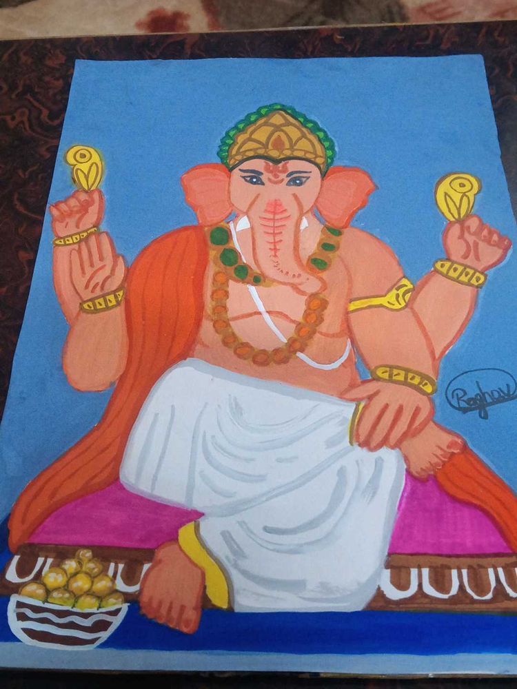 Art Work Of Ganesh Ji With Poster Colours