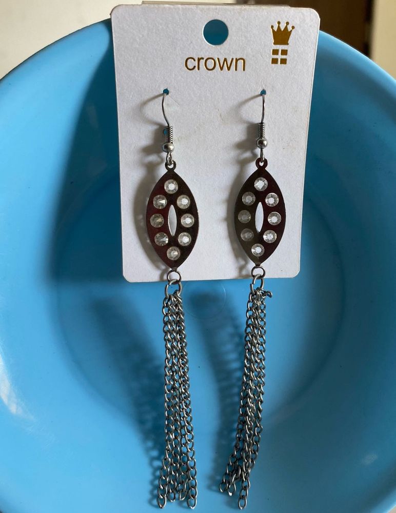 Silver Tone Crystal Tassel Dangler Earrings