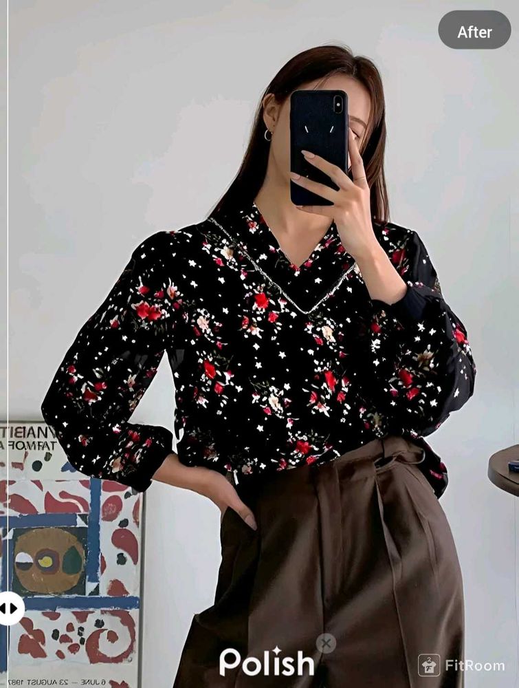 New With Tag Korean Vintage Black Floral Top