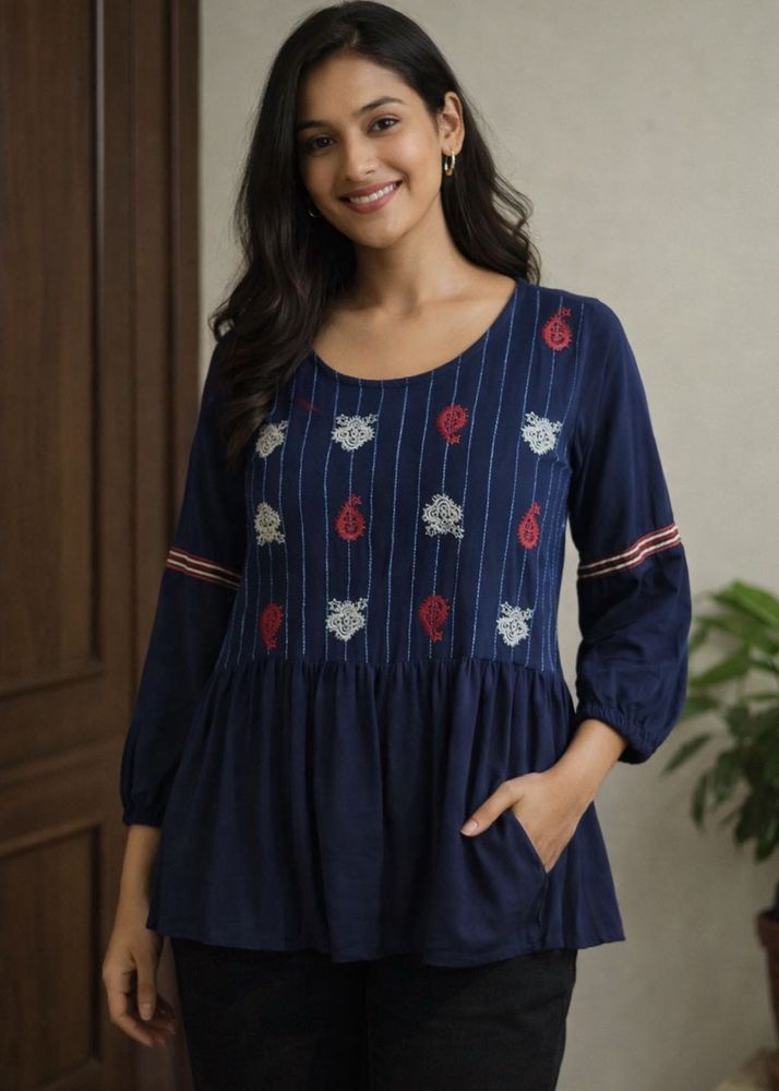 Navy Blue Embroidered Top