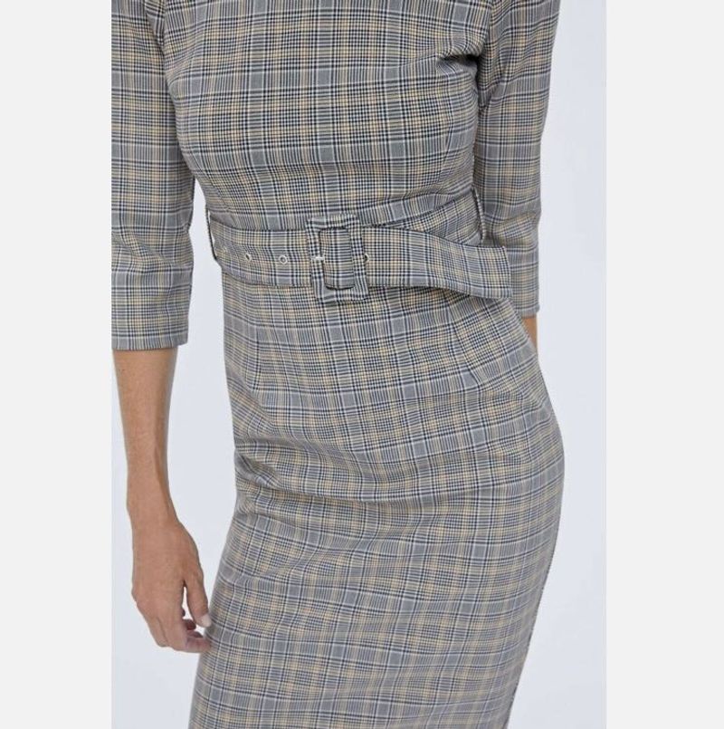 Checked Boat Neck Knee Length Dress