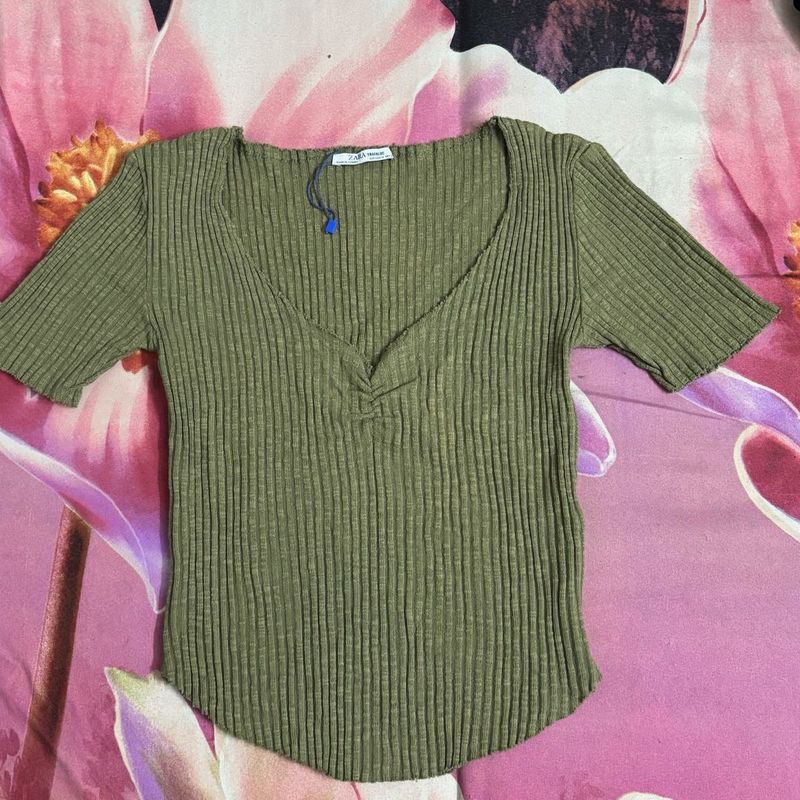 Zara Basic Striped Olive Green Fitted Top