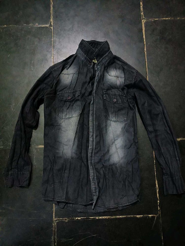 Vintage Black Denim Acid Wash Shaded Button-Down