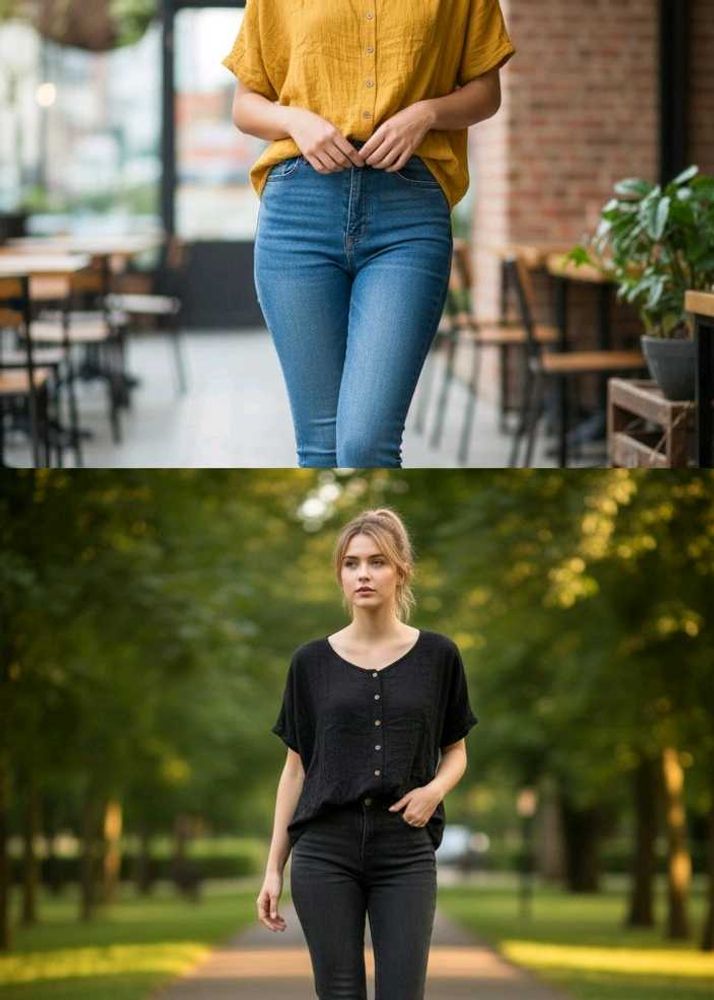Yellow , Black ,Navy Blue  Button-Down Tops