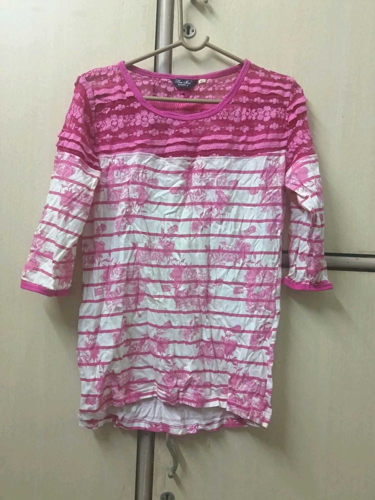 Pink Floral Lace Net Top