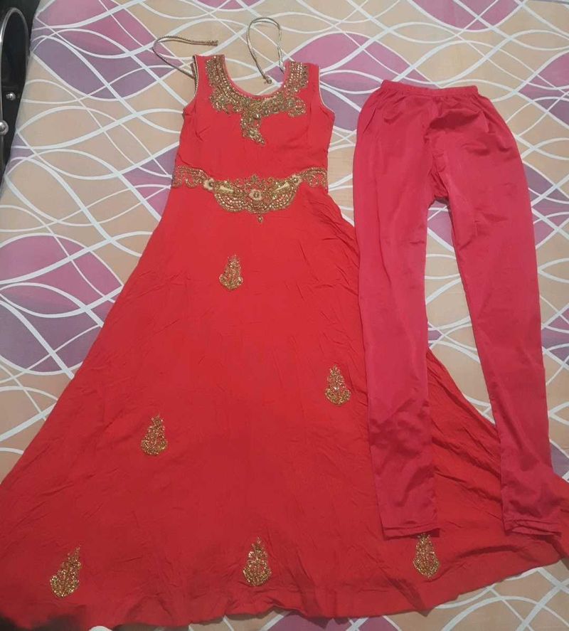Red &amp; Gold Embellished Anarkali Suit