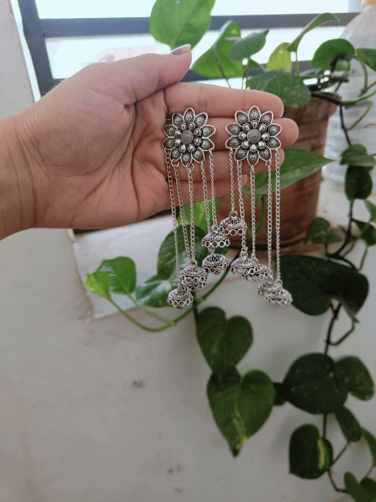 Silver Oxidised Hanging Long Earrings