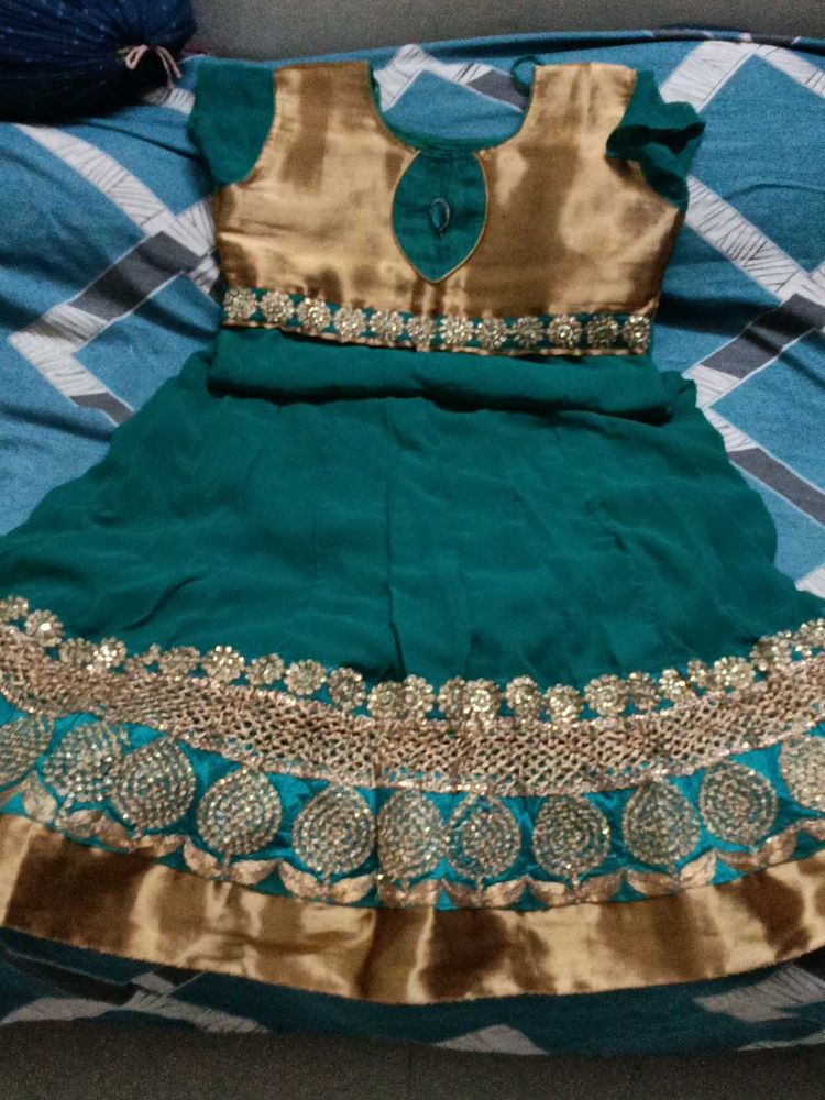 Green Colour Dress With Gold Lace Border