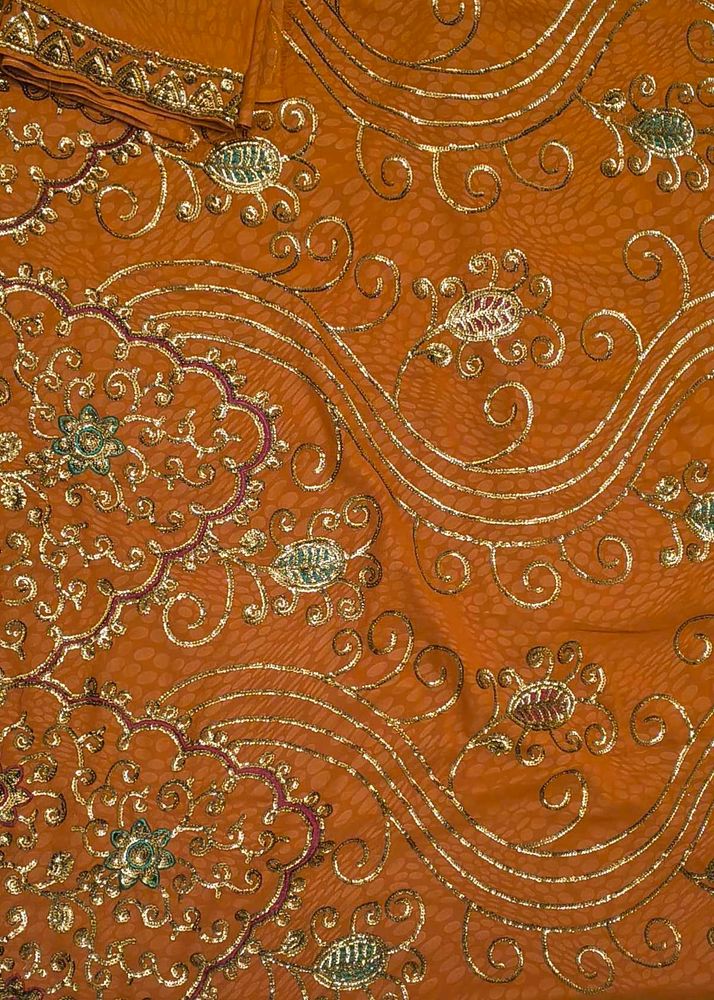 Orange Embroidered Saree Fabric