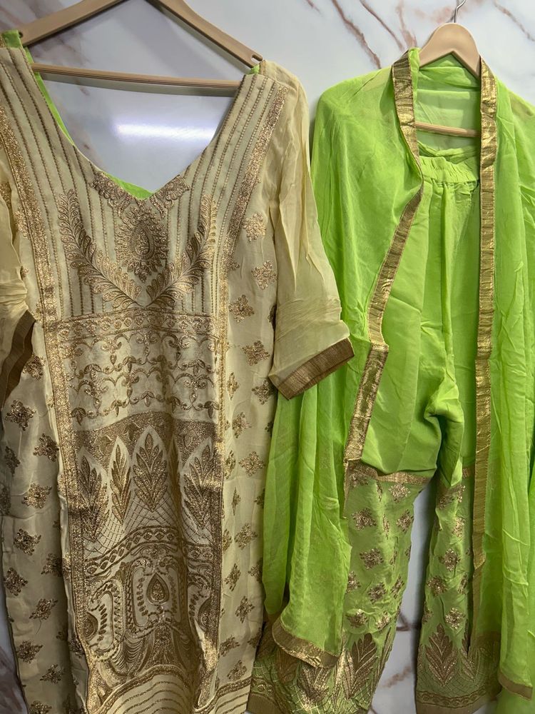 thread work suit with embroidered plazzo