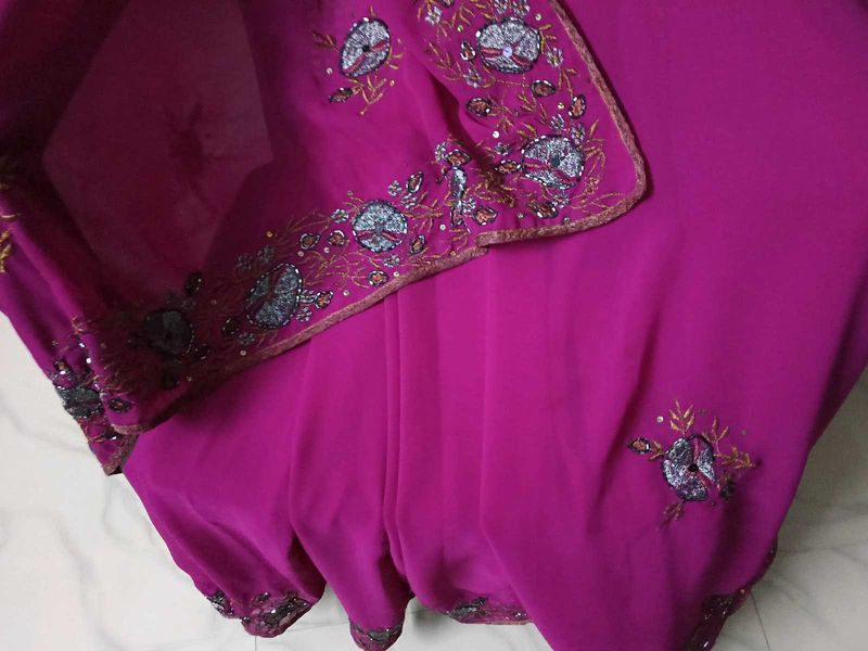 Used Embroidered Chiffon Magenta Color Saree