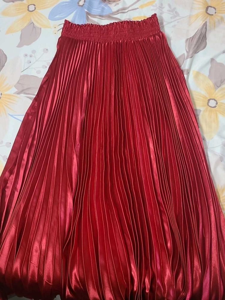 Red Pleated Midi Skirt