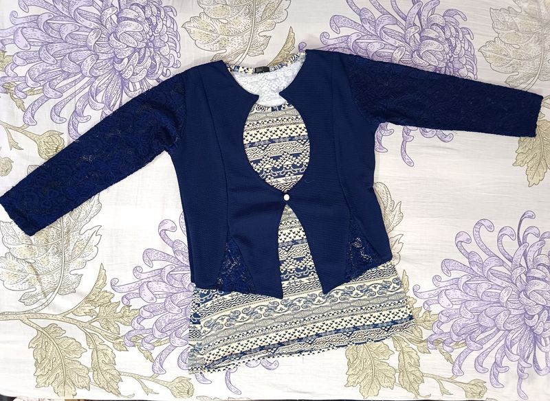 Prussian Blue Three Quarter Sleeve Embroidered Top