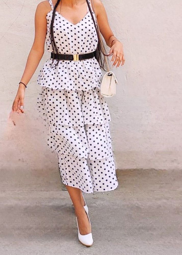 White Polka Dot Layered Ruffle Dress :Cute &amp; Flow