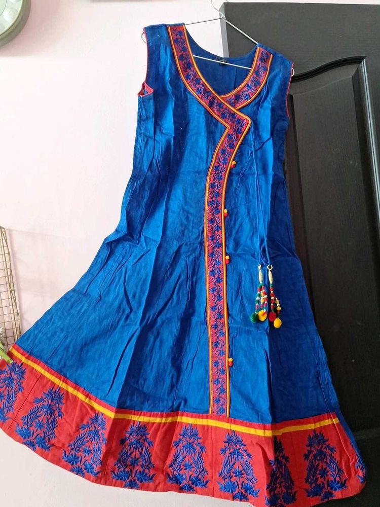 Vibrant Blue &amp; Red Embroidered Angrakha Kurti