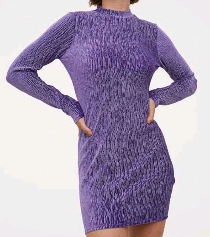Purple Crinkle Mock Neck Mini Dress