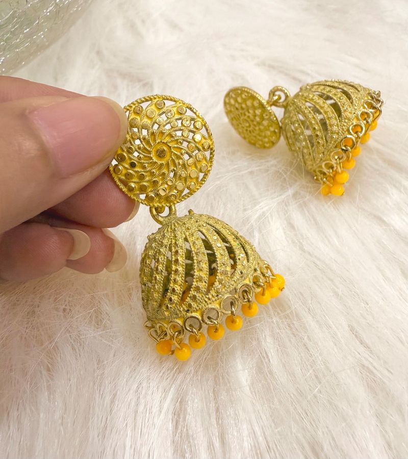 Golden &amp; Yellow Beaded Jhumka Pair