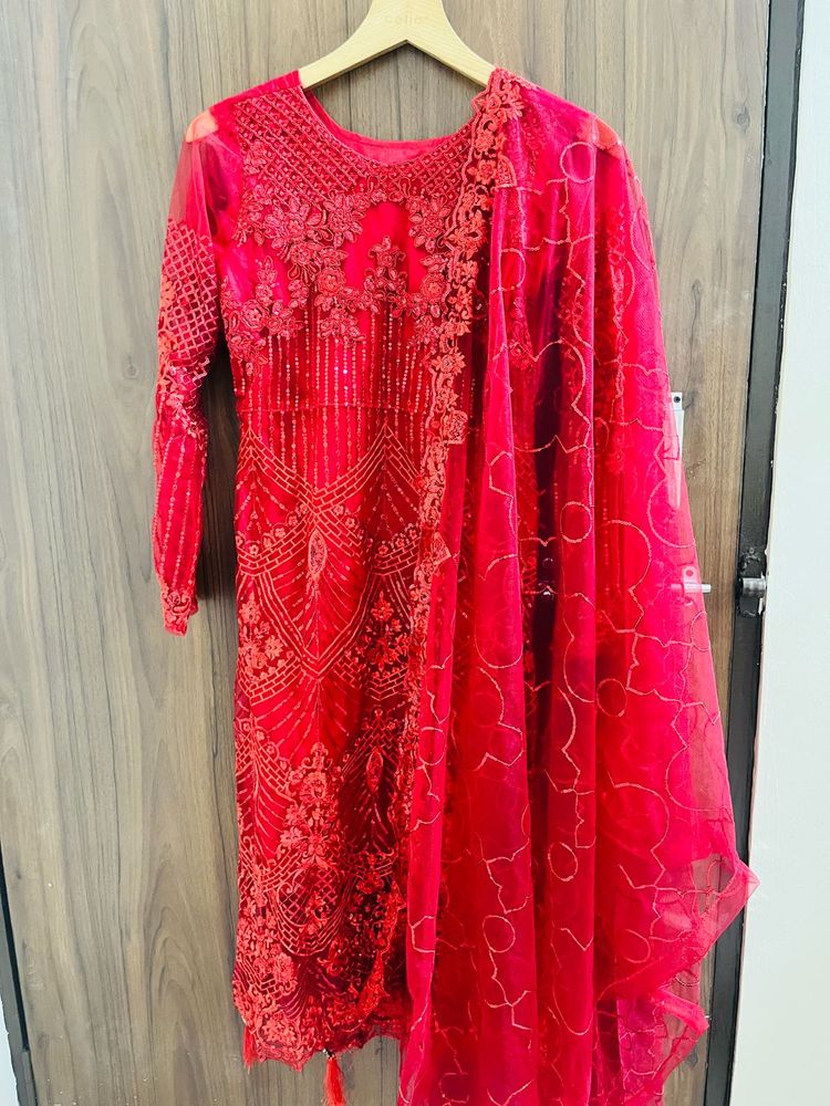 Red Embroidered Kurta Set