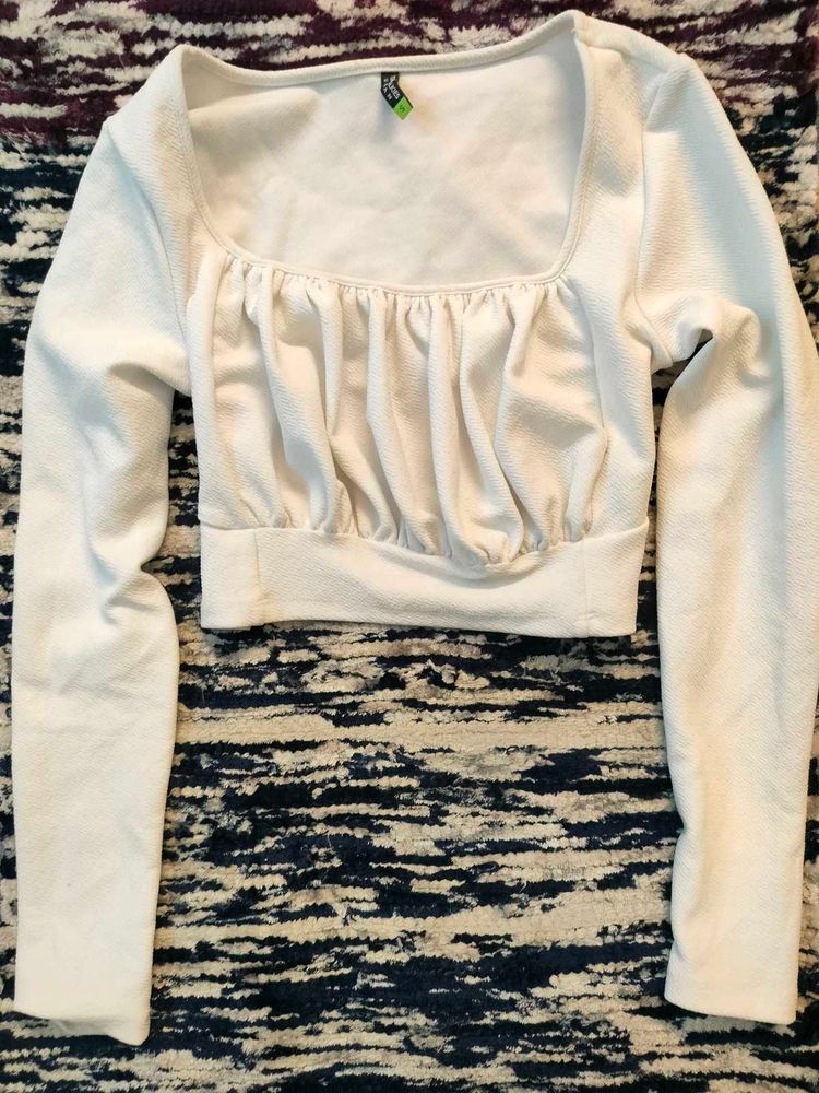 White Square Neck Long Sleeve Crop Top