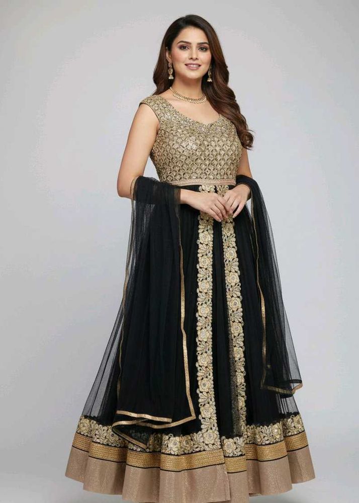 Elegant Black &amp; Gold Anarkali Gown