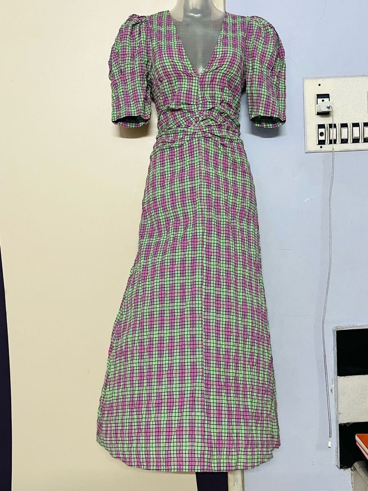 Zara Branded Plaid Puff Sleeve Midi Dress