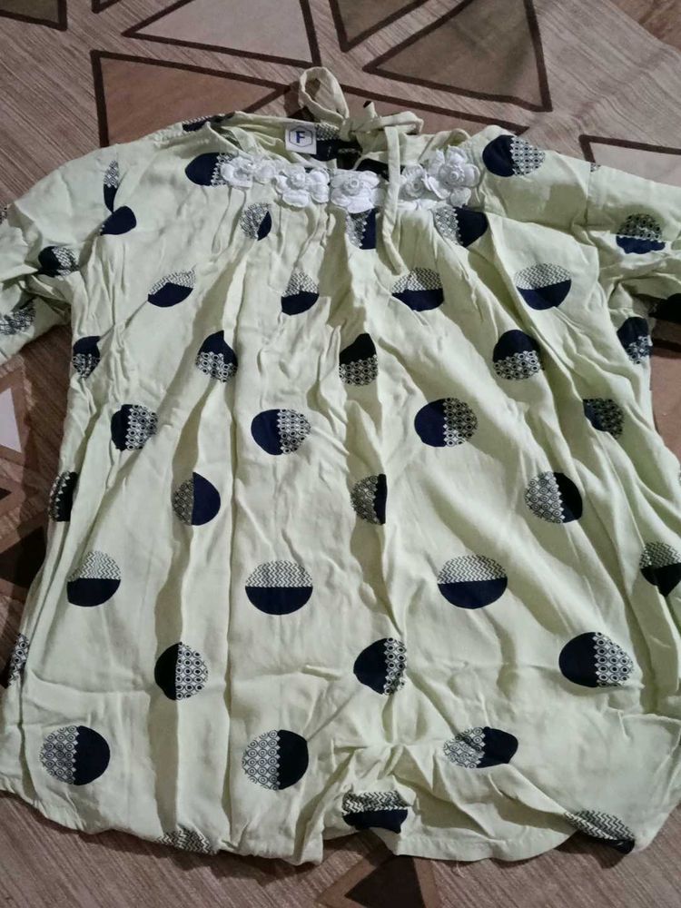 Stylish Cream and Blue Dot Top with Flower Design