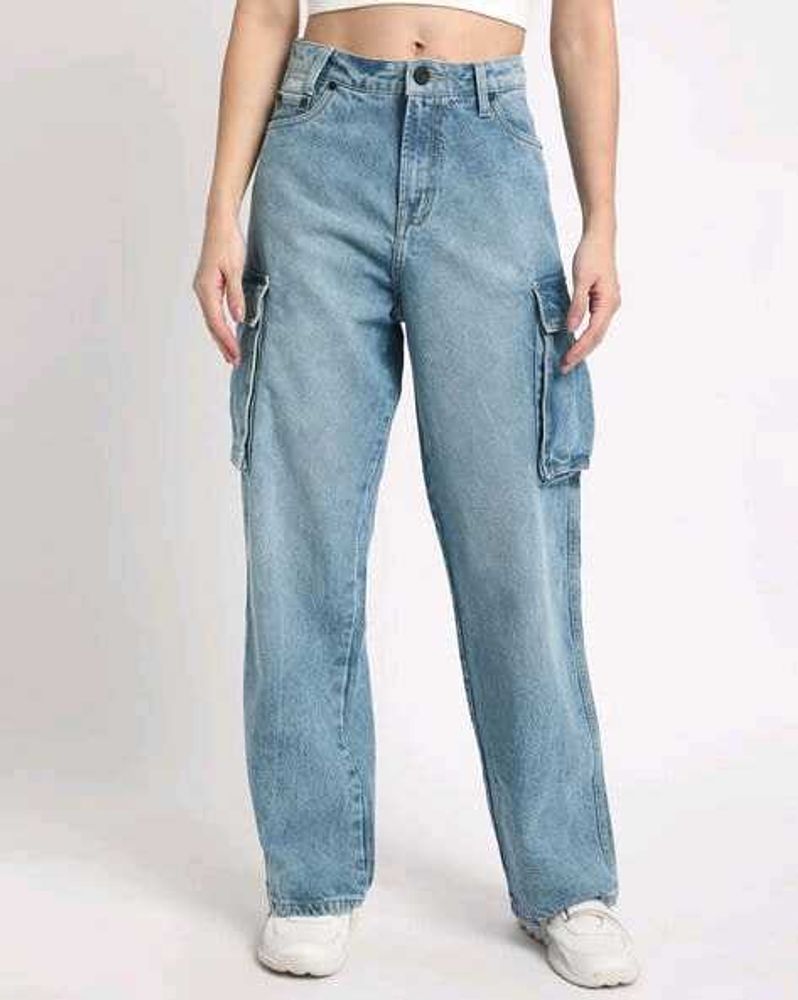 Bene Kleed Light Wash Cargo Jeans, 30 Size