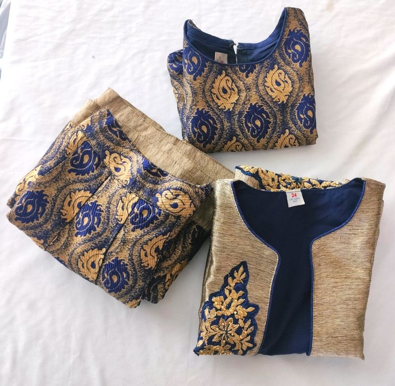 Navy Blue With Cream Skirt And Blouse Set (Girl&#39;s)