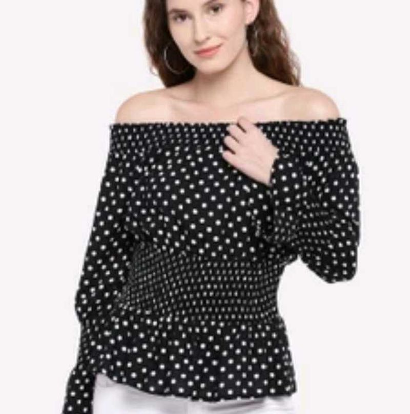Polka Dot Long Sleeve off Shoulder Top