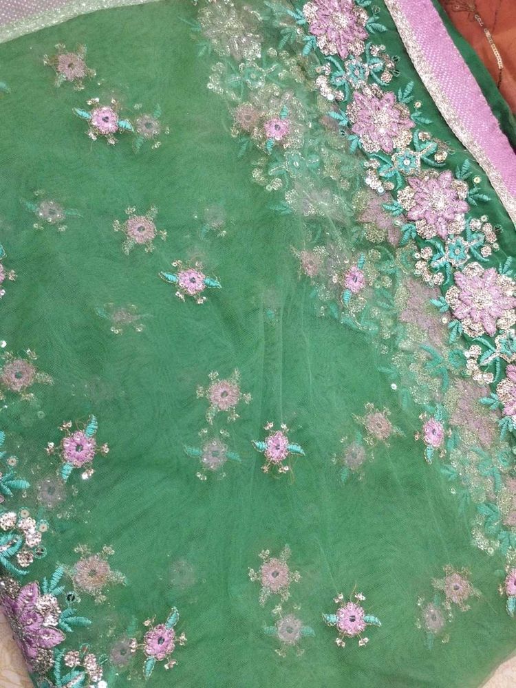 shimmery green two way net and Georgette saree