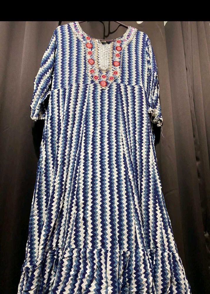Blue Striped Embroidered Kurta