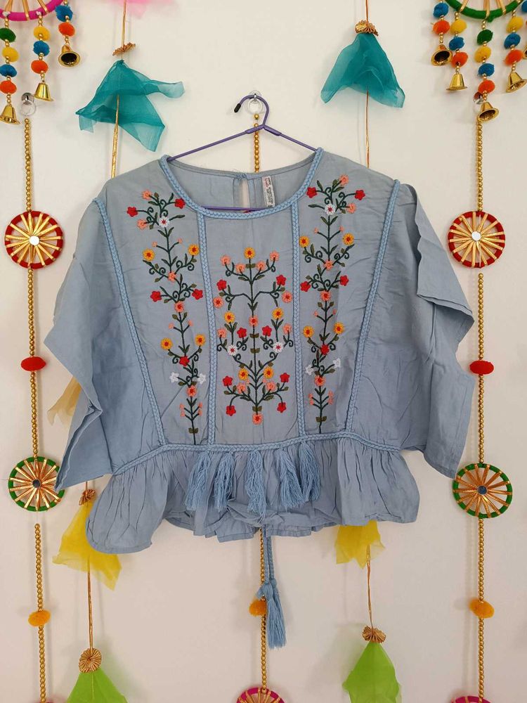 Blue Floral Embroidery Top