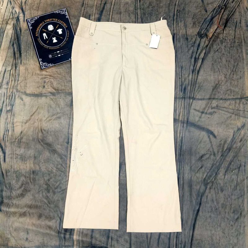 Beige Embroidered Flare Pants
