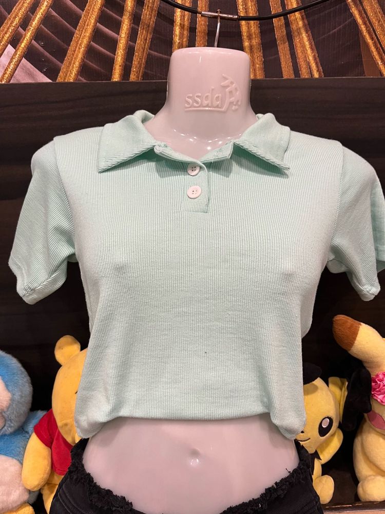 Mint Ribbed Polo Crop Top