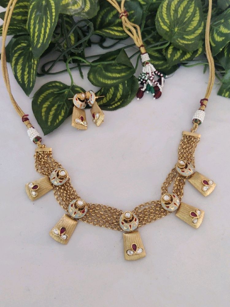 1 Gram Gold Plated Kundan Necklace Set (Women)