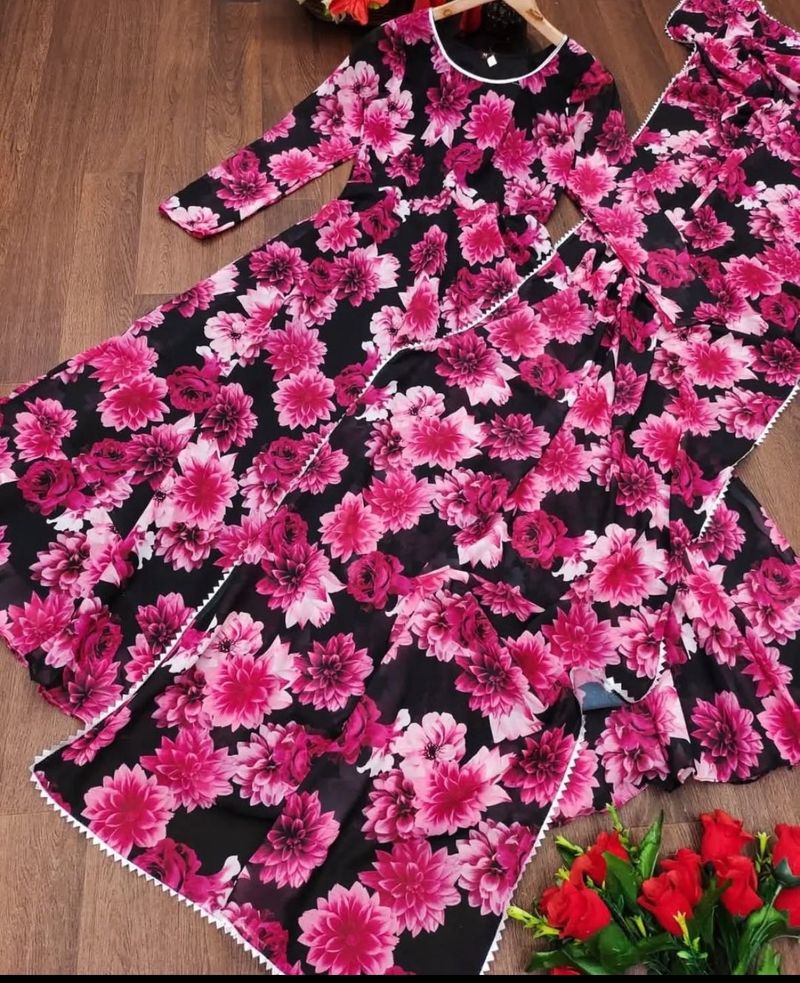 Black And Pink Floral Anarkali With Dupatta