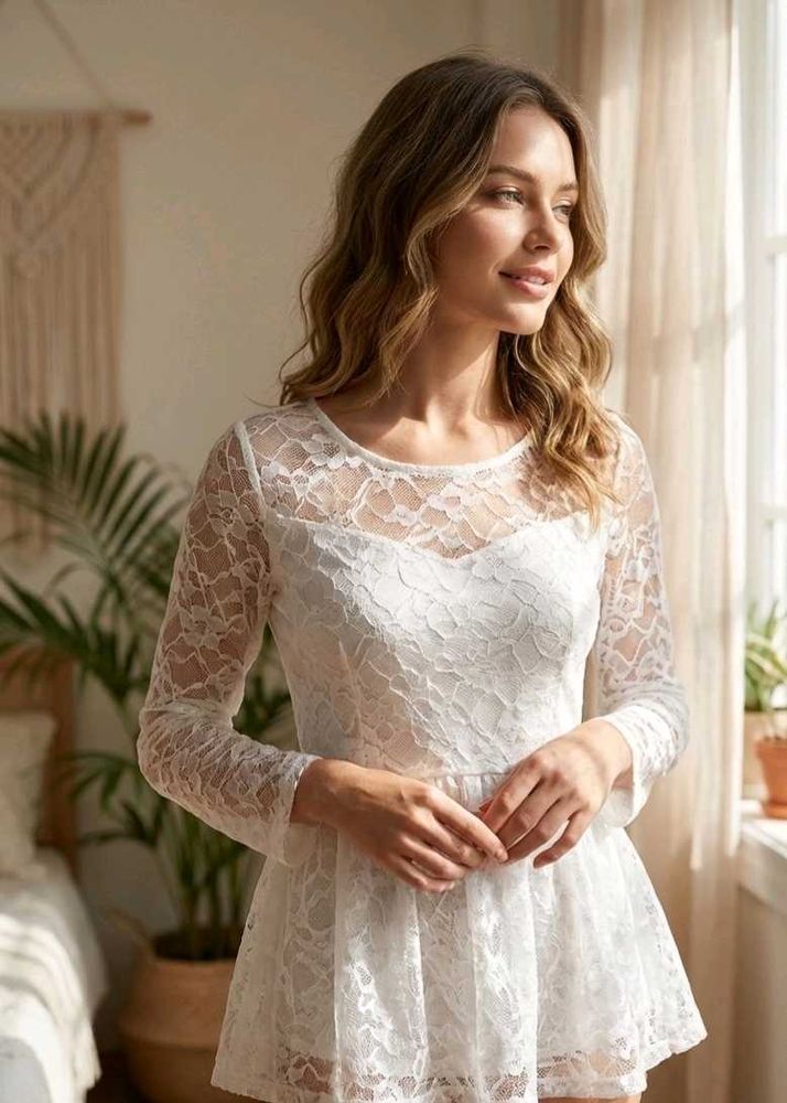 White Full Net Top With Inner Attached