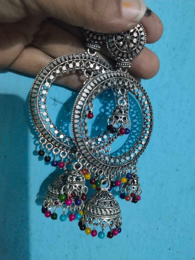Silver Jhumka Earrings with Colorful Beads