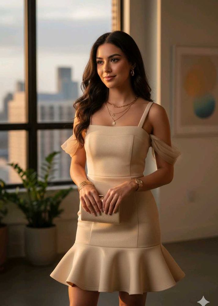 Elegant Beige Ruffle Hem Dress