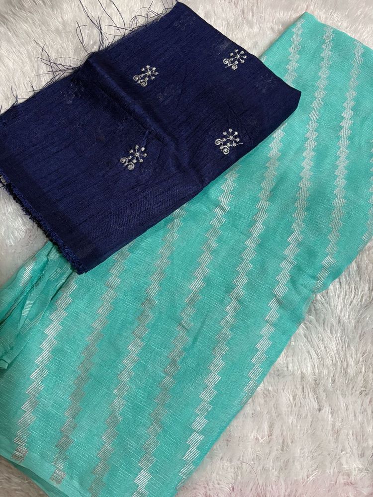 Blue Saree With Unstitched Blouse Piece