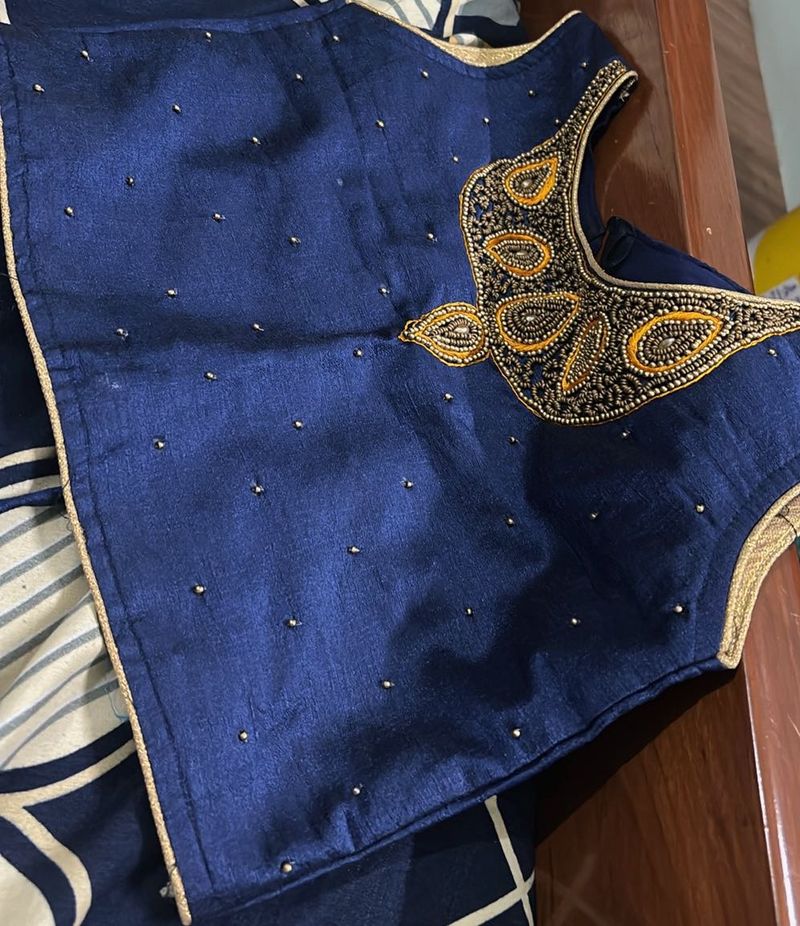 Elegant Blue Embroidered Blouse with Yellow print
