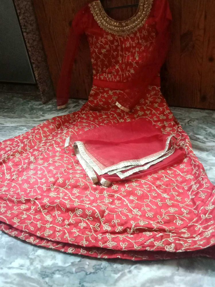 Red &amp; Gold Embroidered Anarkali
