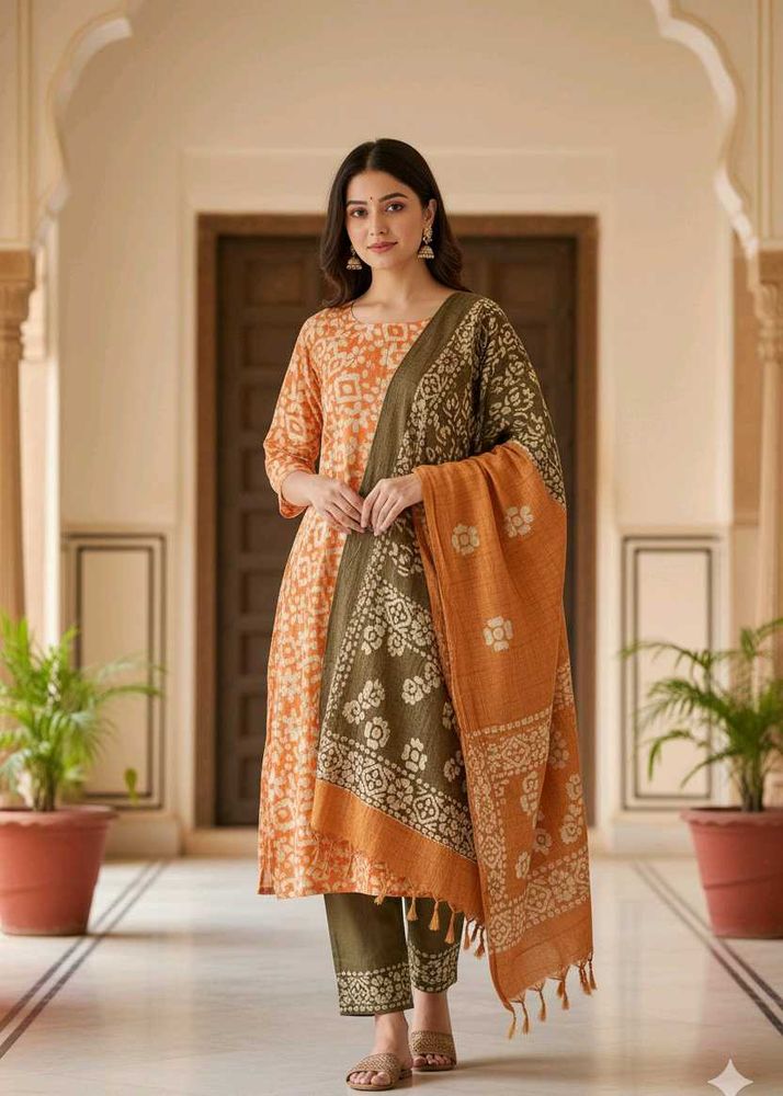 Elegant Coral &amp; Brown Kurti Pant Duppata Set