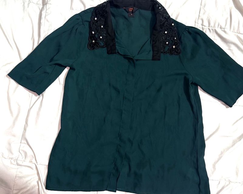 Emerald Green Shirt With Embellished Lace Collar