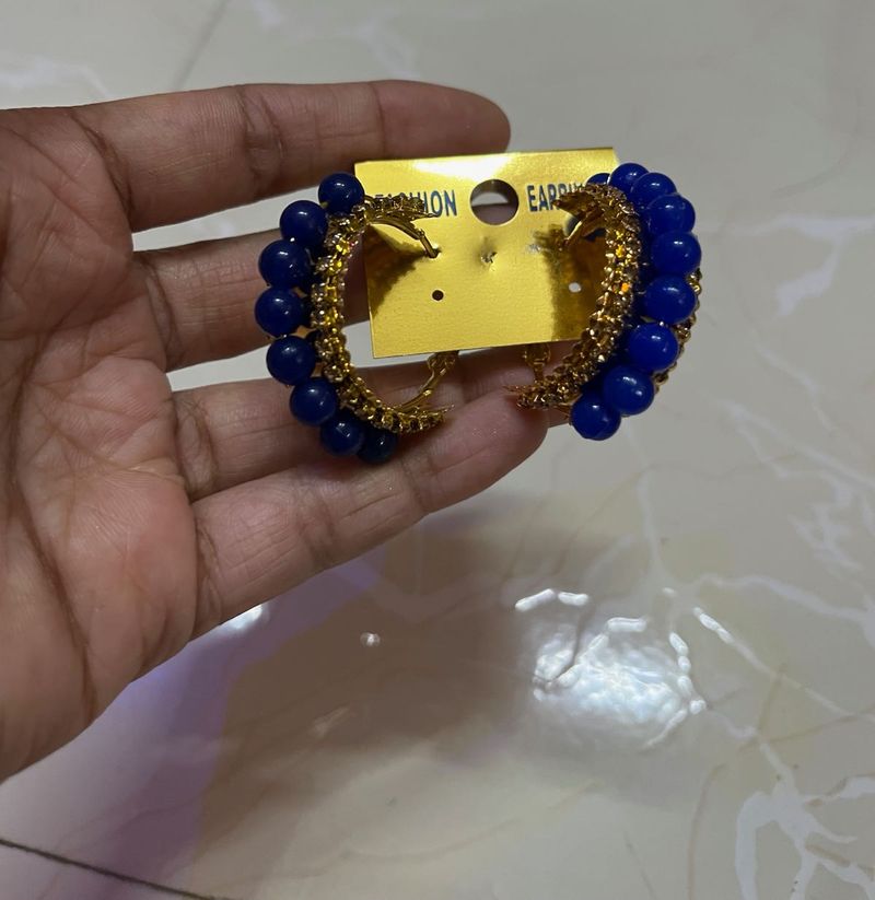 Blue Beaded Hoop Earrings